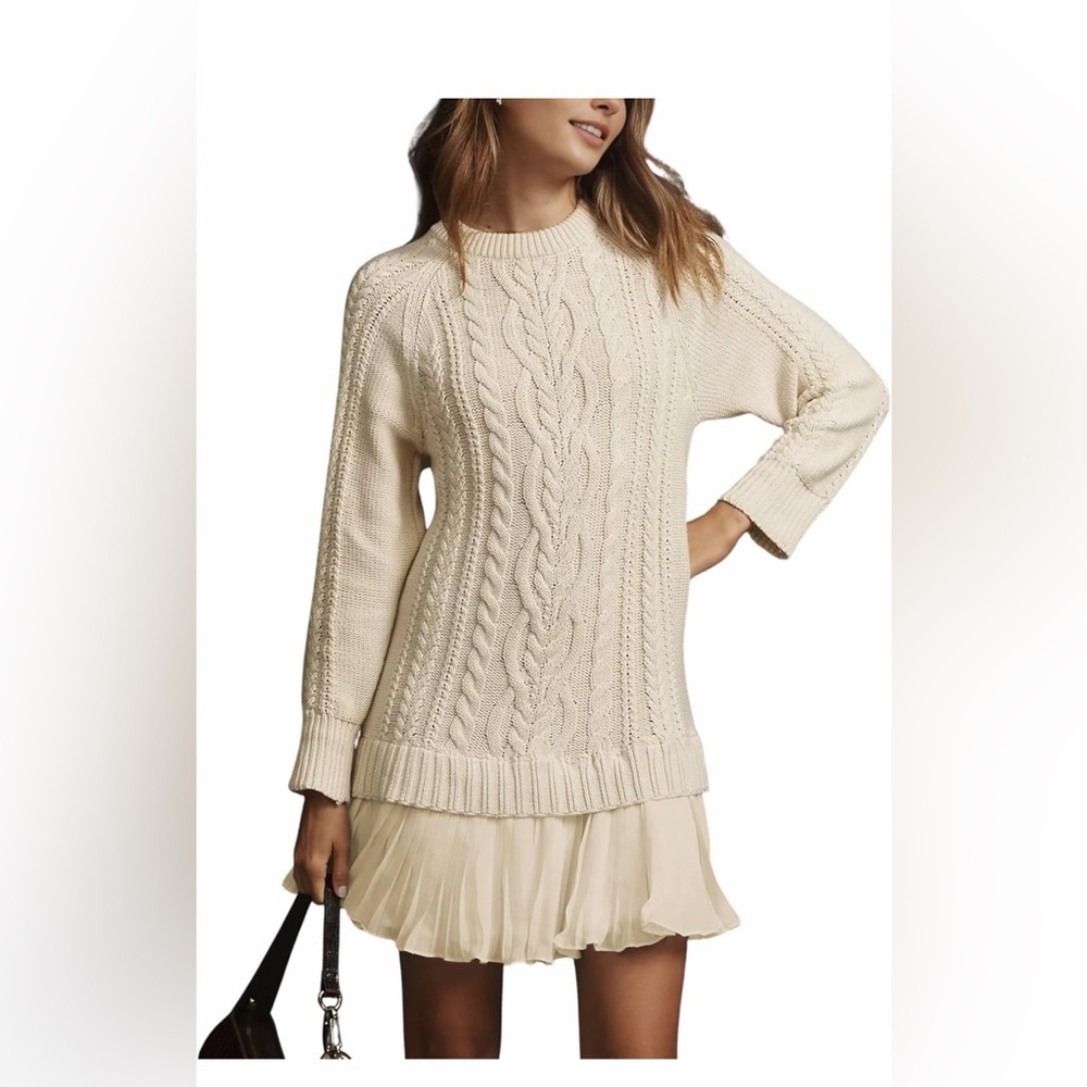 🆕Twofer Style Cable Knit Crewneck Long Sleeve Pleated Mini Dress
